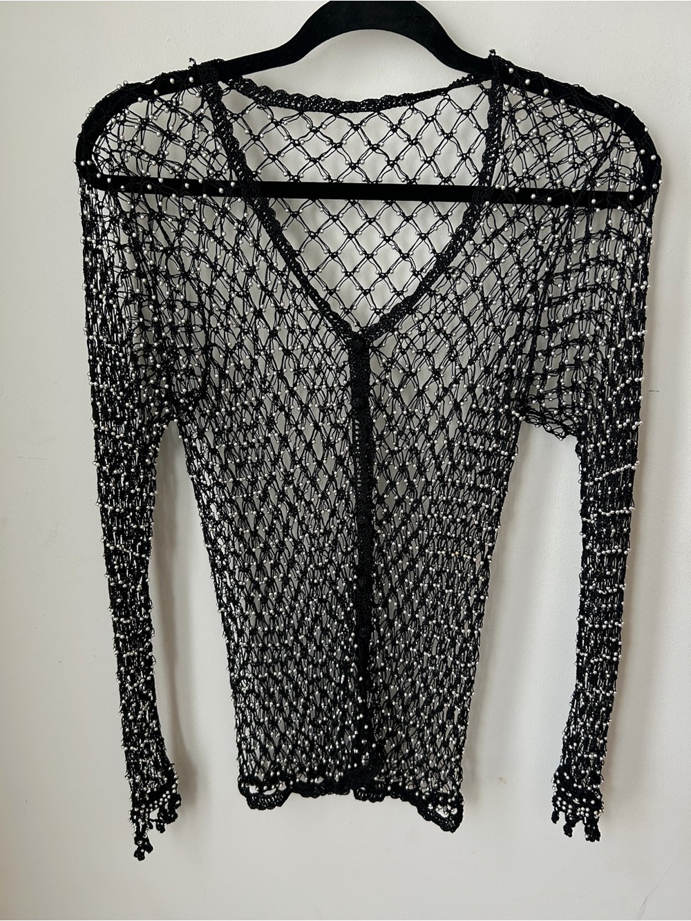 Black Beaded Crochet Net Cardigan • Gothic Y2K Boho Statement Layering Piece